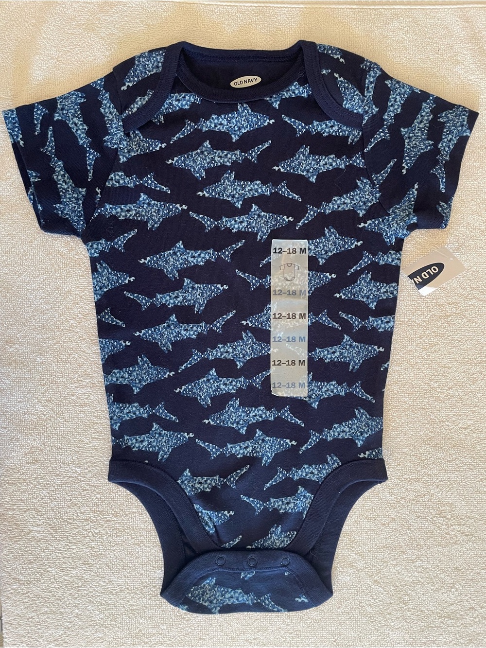 12-18M Old Navy Navy Blue Shark-Print Baby One-Piece Bodysuit NWT